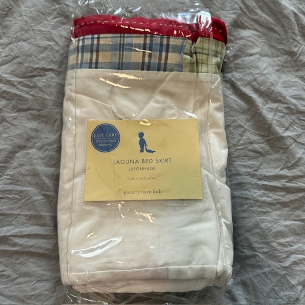Pottery Barn Kids Laguna Bed Skirt Crib White‎ Blue Plaid Juponnage open package